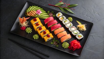 Delicious Sushi Platter Assorted Rolls Maki Salmon Avocado Japanese Cuisine