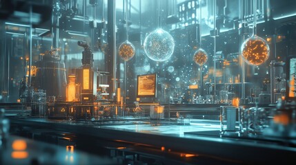 A futuristic lab studying dark matter, with floating particles and glowing scientific instruments measuring cosmic radiation