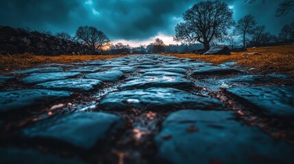 Wet cobblestone path, moody sky, rural landscape, travel