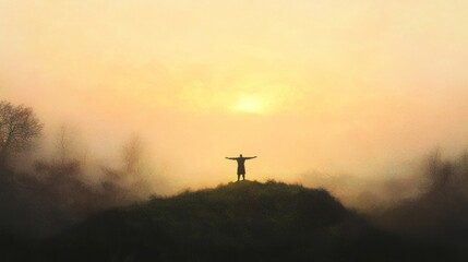 Embracing Dawn: Cinematic Silhouette of Man on Hilltop in Serenity
