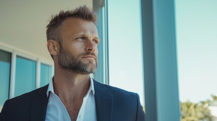 Fototapeta premium Modern Gentleman in Fitted Suit Jacket Posing by Sunlit Window - Cinematic Image of Sophistication and Style