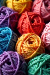 Close-up of assorted colorful yarn balls and fine knitting needles , needlepoint, colorful