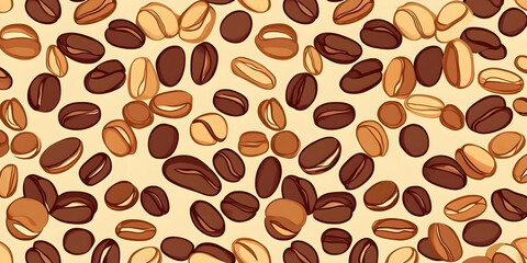 Obraz premium Roasted and Unroasted Coffee Beans Scattered Seamlessly on a Cream Background