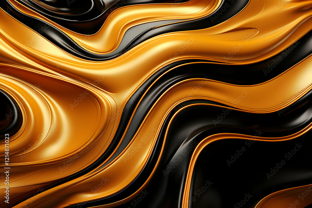 Poster Abstract 3D Render of Flowing Gold and Black Waves Background Creates a Luxurious and Dynamic Visual