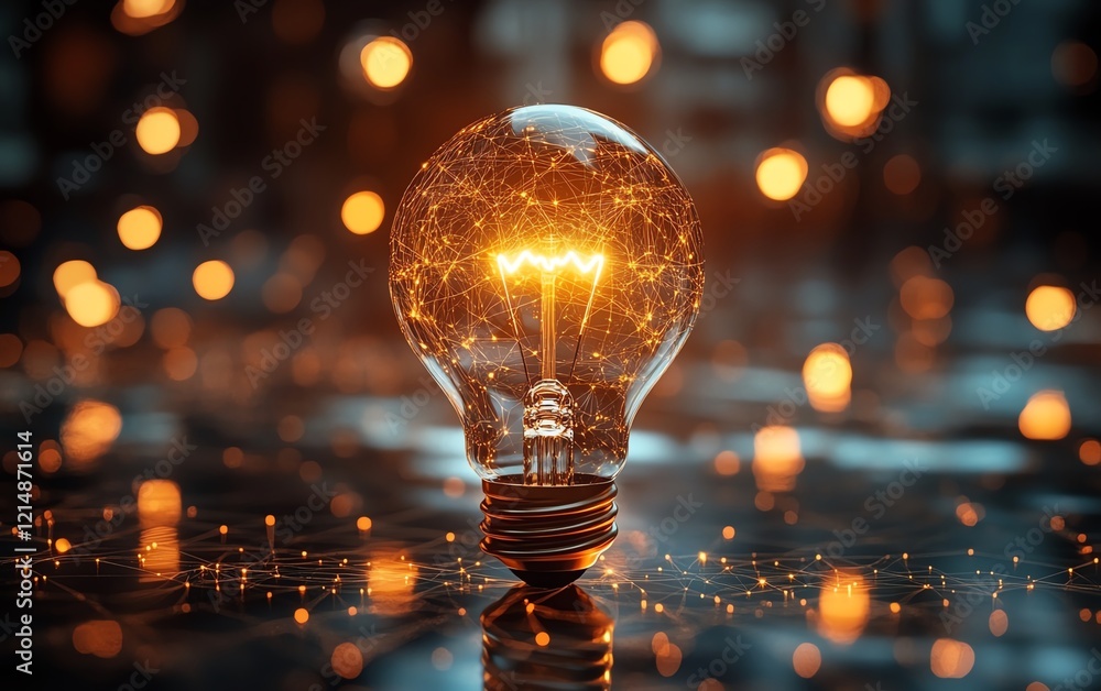 Poster 3d idea and web concept with a glowing lightbulb surrounded by digital networks, representing the fu