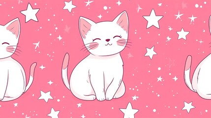 cute white kitten and stars in pink sky.