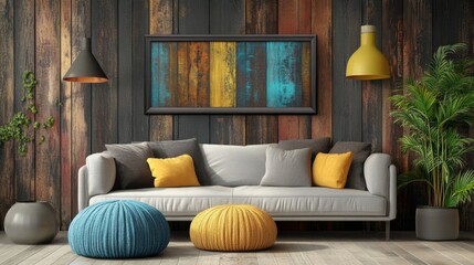 Frame mockup, ISO A paper size. Living room wall poster mockup. Interior mockup with house background. Modern interior design. 3D render
