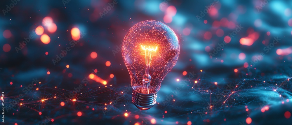 Poster 3d illustration of an idea and web concept, featuring a glowing lightbulb surrounded by interconnect