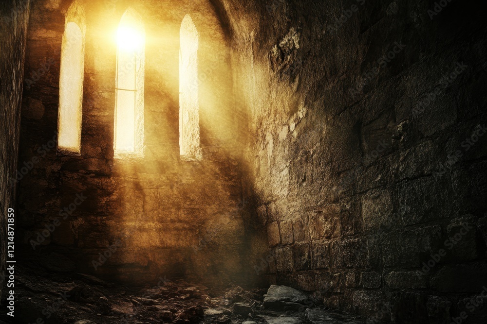 Aufkleber light streaming through ancient windows in a historic stone structure at dawn