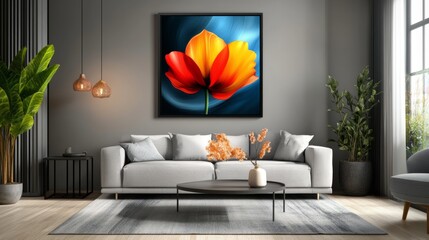 Frame mockup, ISO A paper size. Living room wall poster mockup. Interior mockup with house background. Modern interior design. 3D render
