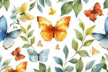 Fototapeta premium Watercolor Butterflies and Leaves Seamless Pattern on White Background.
