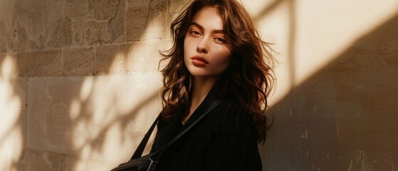 A portrait of a young woman with long hair against a textured wall can be used in fashion blogs, cosmetics adverts and personal model portfolios.