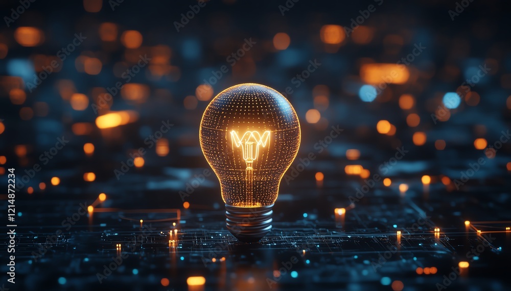 Poster 3d rendering of a glowing lightbulb symbolizing an idea, surrounded by digital web elements, represe