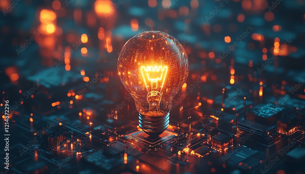 Poster 3d rendering of a glowing lightbulb symbolizing an idea, surrounded by digital web elements, represe