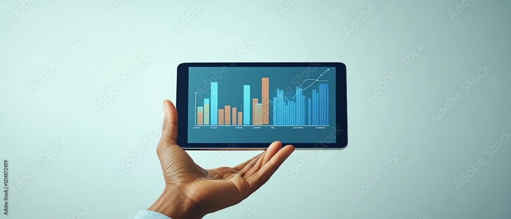 Poster 3d rendering of a hand holding a tablet showing a city skyline and data charts, with a plain blue ba