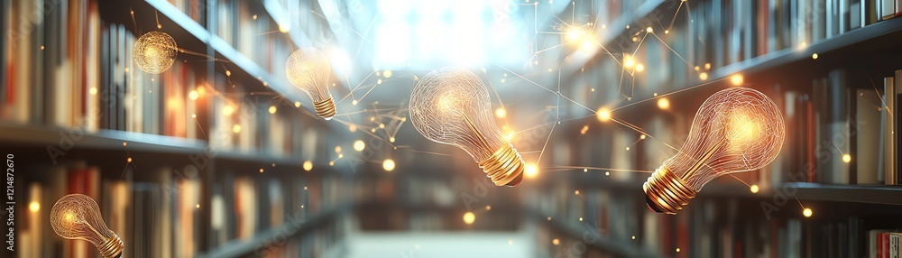 Poster 3d rendering of knowledge and idea concept with floating books, lightbulbs, and abstract patterns, i