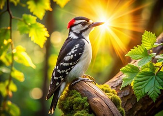 Fototapeta premium Downy Woodpecker on Oak Tree in Lush Forest Landscape - Stock Photo