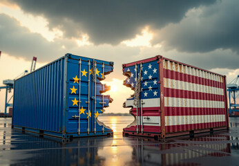Broken shipping containers with usa and eu flags showing trade war and tariffs