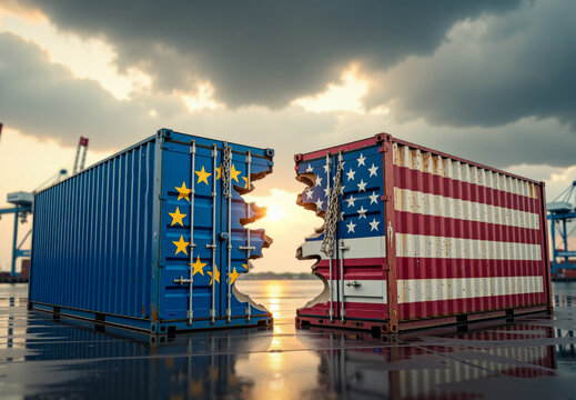 Broken shipping containers with usa and eu flags showing trade war and tariffs