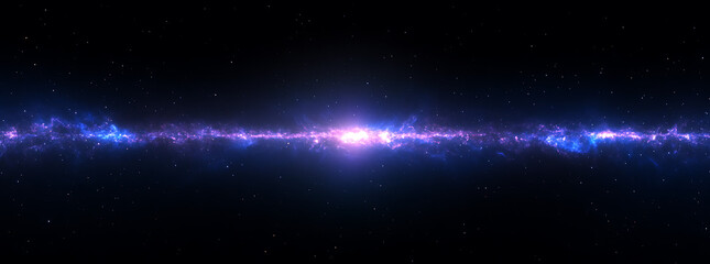 Fototapeta premium A panoramic view of the Milky Way galaxy, with stars and galaxies in deep space. The background is a dark black sky. A blue-purple hue covers much of the Milky Way.