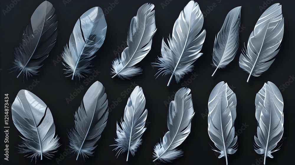 Poster twelve monochromatic feathers arranged on a dark background showcase subtle textures and delicate de