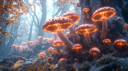 Glowing Mushrooms in an Enchanted Forest: A Surreal Landscape of Bioluminescent Fungi.