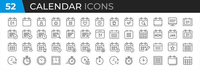 Calendar Icon Set. Features editable time management symbols. Includes icons for months, days, weeks, reminders, and more. Perfect for websites, and apps related to scheduling, planning. Vector 10 eps