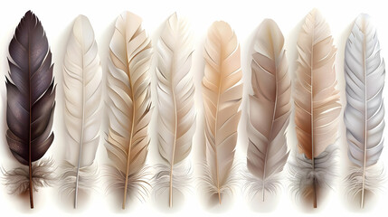 Realistic Feathers Showcase Variety of Colors and Textures on Clean White Background.