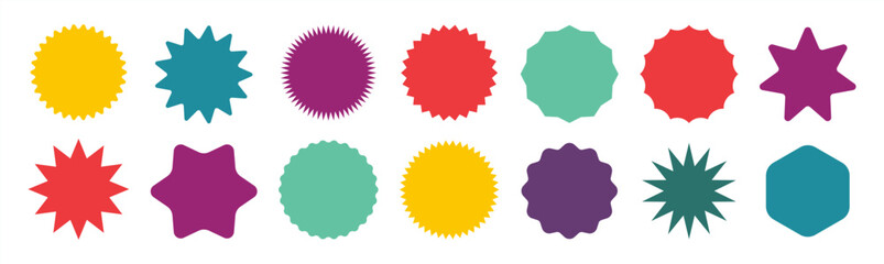 Set of vector starburst, sunburst badges. Multicolor itzons on vgite batskrogrund. Simple flat style vintage labels, stickers. 10 EPS.	