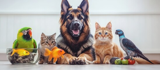 A Heartwarming Assembly of Pets Including a Dog, Cat, Fish, Bird, and Parrot in a Bright, Cheerful Indoor Setting with Colorful Decorations © ANUAR
