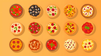 Fifteen Mini Pizzas with Various Toppings Form a Delicious and Colorful Pattern on an Orange Background.