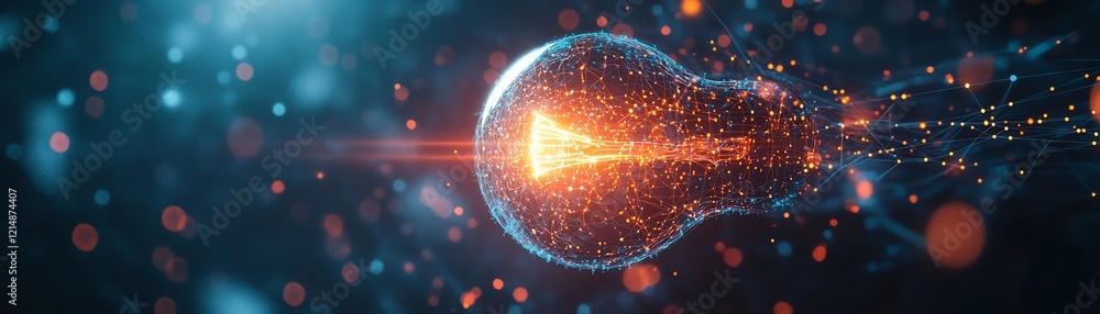 Poster creative idea concept with a glowing lightbulb surrounded by web elements, digital nodes, and a netw