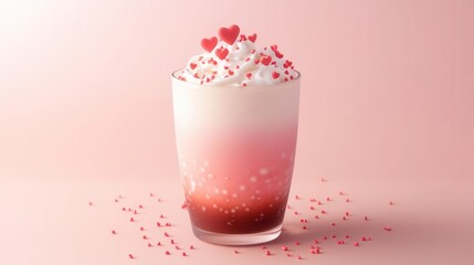 Delicious Heart-Themed Gradient Latte Topped with Whipped Cream and Sprinkles