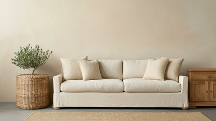 A stylish and cozy living room setting featuring a plush cream-colored sofa adorned with soft cushions, accompanied by woven side tables and decorative greenery against a neutral background.