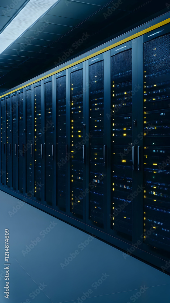 Poster server room houses network servers and data storage with blinking lights efficiently