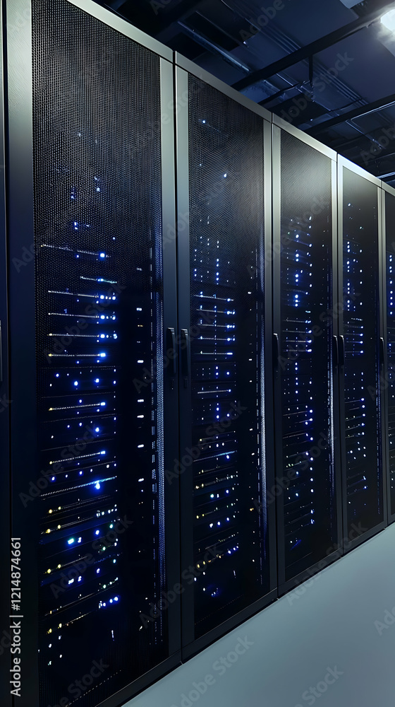 Poster server racks glow blue in a dark data center, symbolizing powerful processing and connectivity.