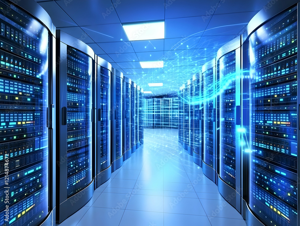 Aufkleber server room stores data securely with bright lights and data flowing smoothly.