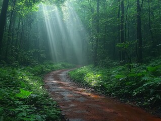 Obraz premium Sunlight Piercing Through the Dense Canopy of a Mystical Forest Path