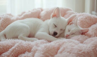 Naklejka na ściany i meble A Heartwarming Moment of a White Dog and Cat Snuggling Together on a Cozy Pink Blanket in a Sunlit Room, Capturing the Essence of Friendship and Comfort