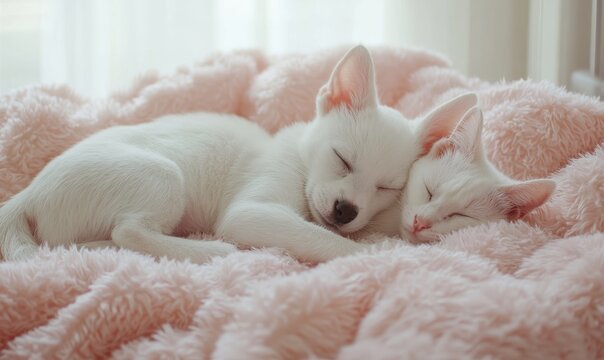 A Heartwarming Moment of a White Dog and Cat Snuggling Together on a Cozy Pink Blanket in a Sunlit Room, Capturing the Essence of Friendship and Comfort