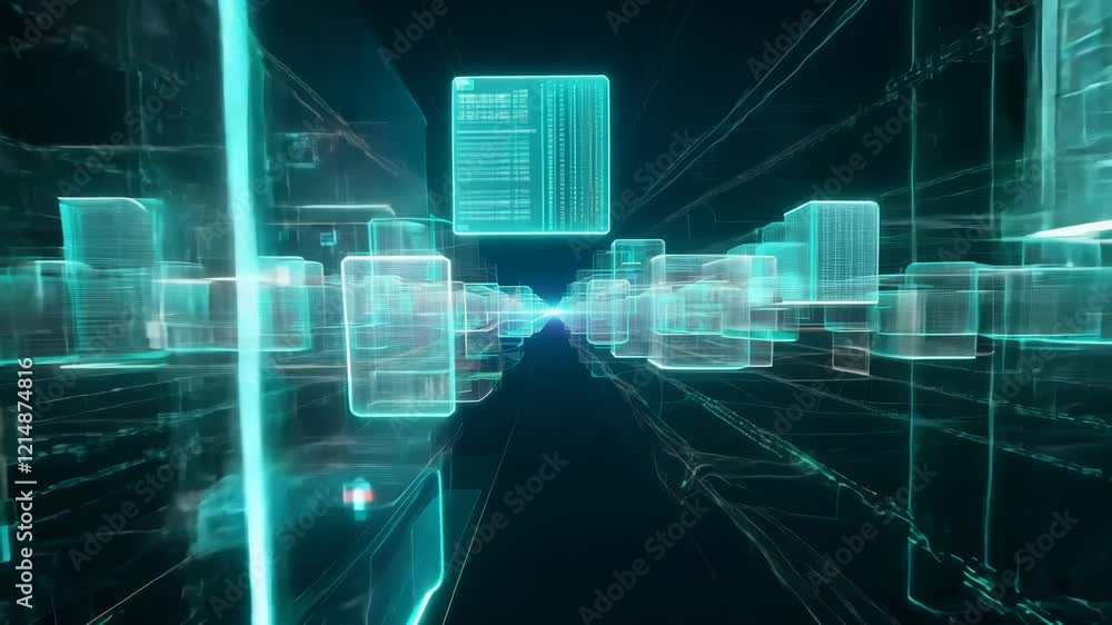 Poster virtual data center corridor with cloud servers providing compute power