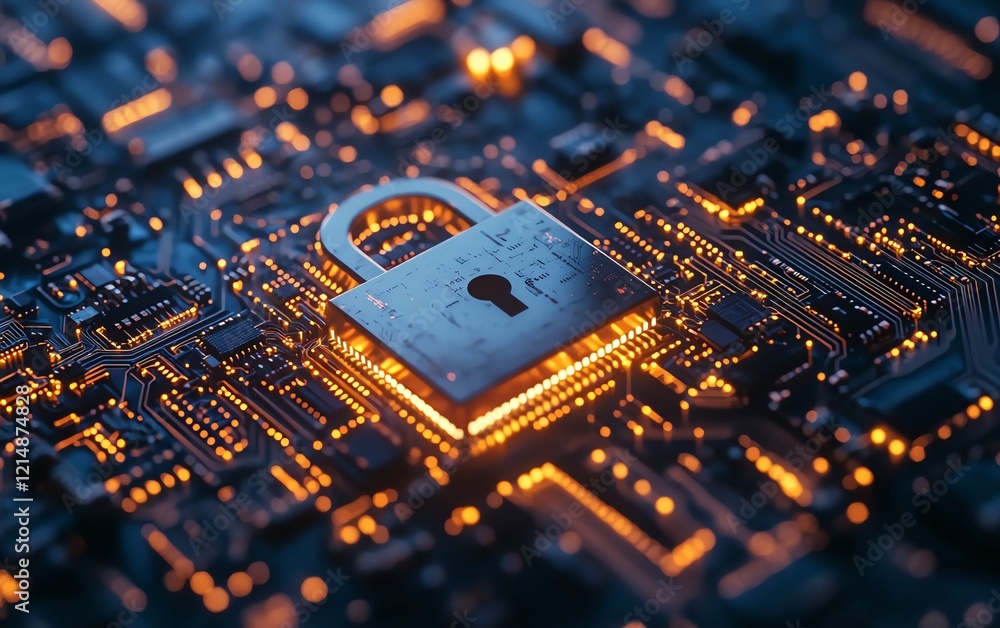 Poster cybersecurity theme featuring a closed padlock surrounded by intricate circuit patterns, symbolizing