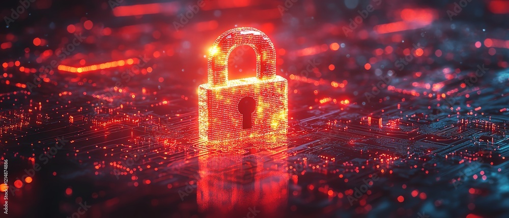 Poster digital protection concept with a closed padlock on a hightech circuit board, highlighting generativ