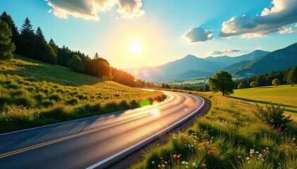 Fototapeta premium Sun-drenched highway curves through idyllic summer landscape, evening, long shadows, bright