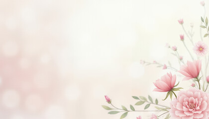 Fototapeta premium Valentine's day with beautiful floral, Watercolor Floral Frame on Pastel Background, Floral border featuring soft pink flowers and buds on light background, Spring flower background with text space