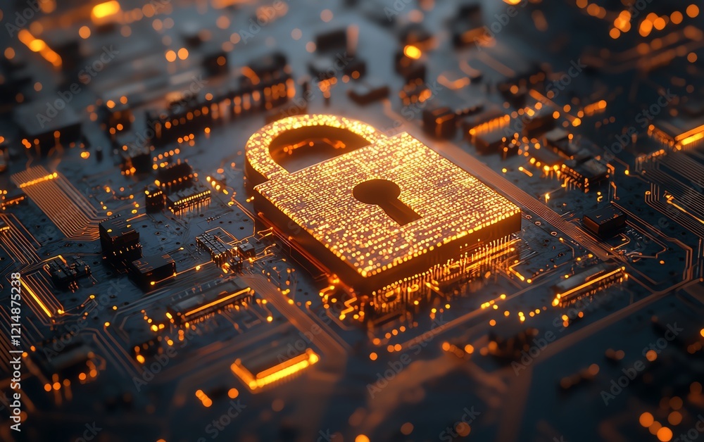 Poster generative ai concept with a closed padlock on a circuit board background, emphasizing modern cybers