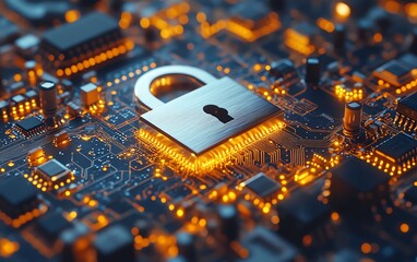Generative AI concept with a closed padlock on a circuit board background, emphasizing modern cybersecurity and encryption technologies