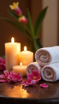 luxurious spa background with candles, rolled towels, and flowers, atmosphere for relaxation and wellness