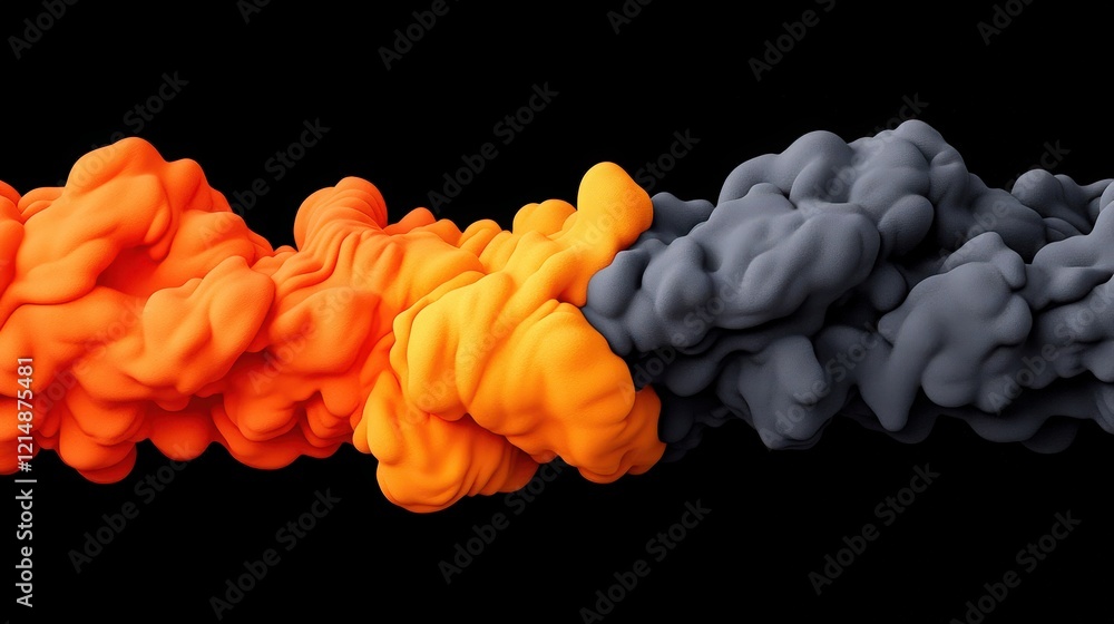 Poster abstract ink swirl: vibrant orange and charcoal gray ink clouds swirl and merge in a mesmerizing dan