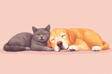 A Heartwarming Scene of a Grey Cat and a Golden Retriever Dog Napping Together on a Soft Pink Background, Symbolizing Friendship and Comfort in Pets